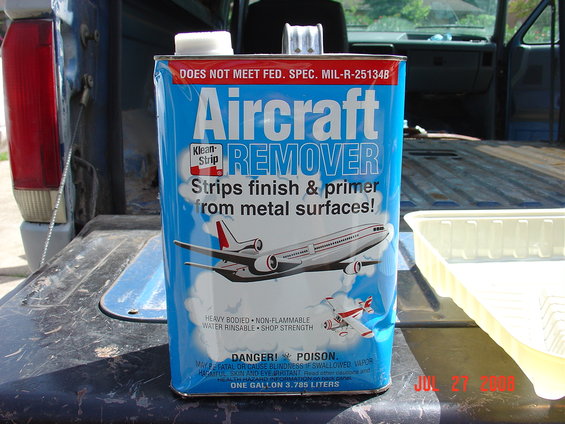 dsc00765.jpg Paint Stripper I used to strip the paint. This stuff works within minutes of you brushing it on the part you want stripped. You let it sit for 15 minutes and it's done. Then all you need to do is scrape off the paint. Make sure you put enough on so you don't have to reapply it. Make sure your in a well ventilated area when using this product.

Also store it in a cool area, as you can see mine was store in the garage for a year and it expanded the can. If this happens slowly open the can and let the pressure out.