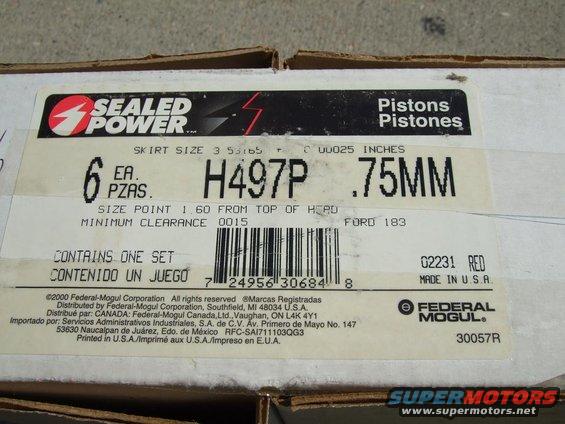 Box of Sealed Power pistons, part number H497P, with .75MM size and Ford 183 designation