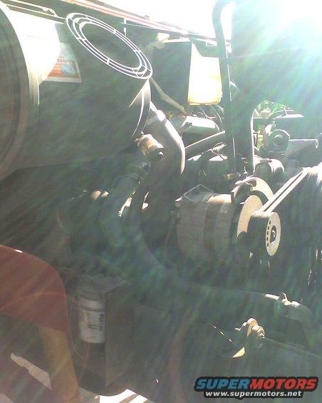Engine bay with large air filter and alternator