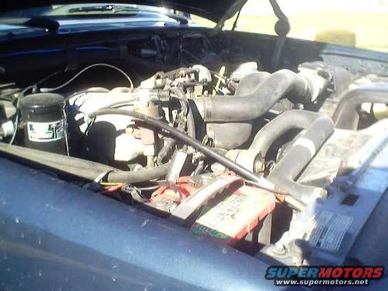 Engine bay with battery and hoses visible