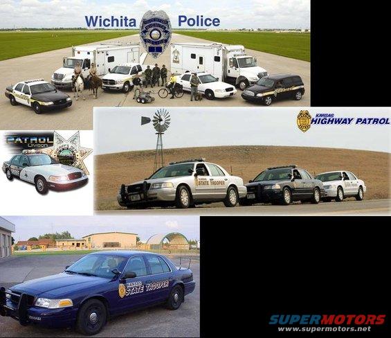 Police cars and officers from Wichita PD and Kansas Highway Patrol are shown in various settings