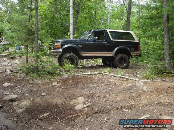 1995 Ford Bronco, black with tan stripe and white top, off-road