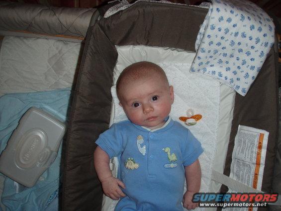 Baby in blue onesie with dinosaur print, lying in a bassinet with a pacifier