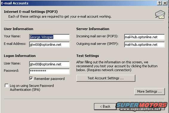 Screenshot of an E-mail Accounts setup window showing user and server information