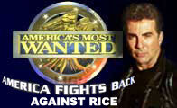 America's Most Wanted logo with host John Walsh. Text says 'America Fights Back Against Rice'