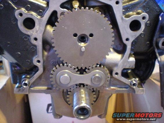 Engine timing gears with a large gear meshed with two smaller gears