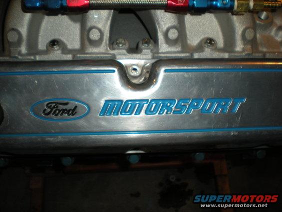 Close-up of a Ford Motorsport engine valve cover with blue lettering
