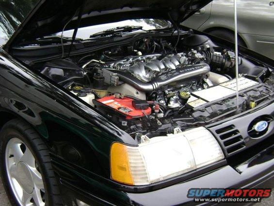 1991 Ford Taurus engine bay with hood open, showing V6 engine, red battery, and Ford grille emblem
