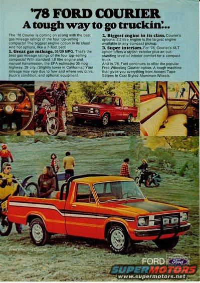 Orange 1978 Ford Courier pickup truck with black hood and white stripes