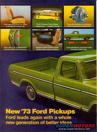 Advertisement for 1973 Ford Pickups showing a green F-100 side profile and inset images of features