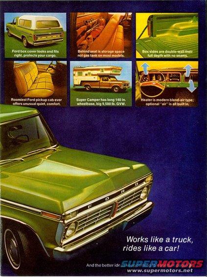 Green Ford pickup truck with a camper shell on top, front view