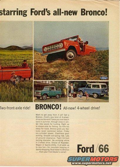 Advertisement for Ford Bronco, showing red, green, and blue Broncos in various outdoor settings