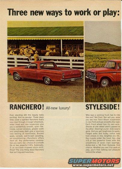 Red 1966 Ford Ranchero and 1966 Ford Styleside pickup truck in an advertisement