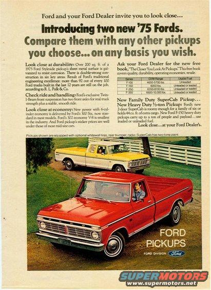Red and yellow Ford pickup trucks from the 1975 model year
