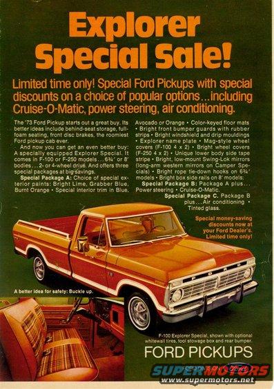 Orange and red 1973 Ford F-100 pickup truck, front 3/4 view, with interior detail