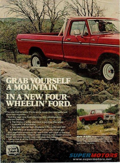 Red Ford F-250 pickup truck with roll bar, brush guard, and fog lamps, driving on rocks