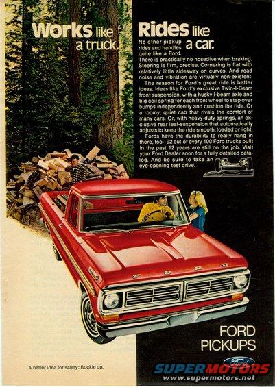 1967 Ford F-Series pickup truck, red, with two people in the cab, parked near a pile of firewood