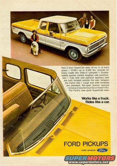 Yellow and white Ford SuperCab pickup truck with a family and dog posing next to it