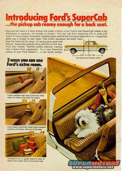 Ford SuperCab pickup truck interior with jump seats and cargo space, plus exterior side view