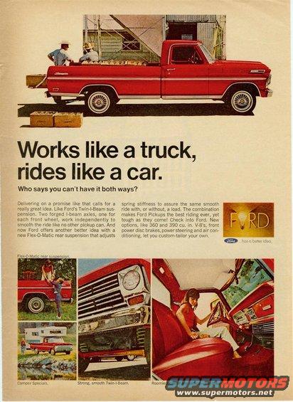 Red 1967 Ford F-100 pickup truck side view, bed loaded with boxes