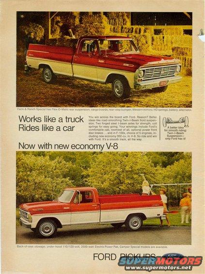 Red and white 1967 Ford pickup truck, front 3/4 view