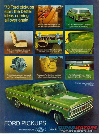 1973 Ford pickup ad with multiple images of truck features and interior