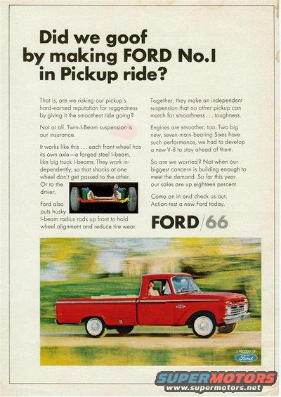 Red 1966 Ford F-100 pickup truck driving on a road, with a person inside