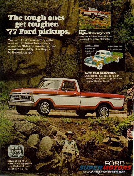 Orange and white 1977 Ford F-150 pickup truck parked on a dirt road, with a fisherman standing nearby