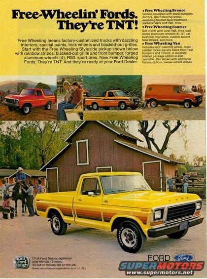 Yellow Ford pickup with woodgrain trim parked by a barn, people and a horse nearby
