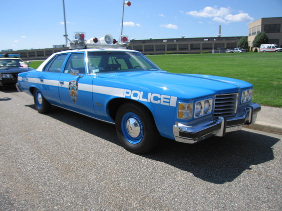 Blue police car with "POLICE" text on door and light bar