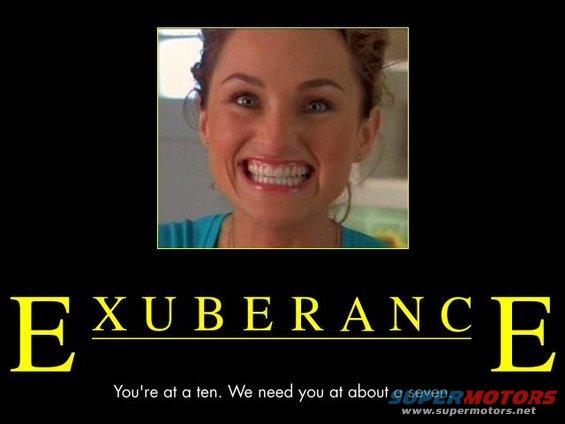 Meme with a woman's face and the word EXUBERANCE. Text says 'You're at a ten. We need you at about a seven.'