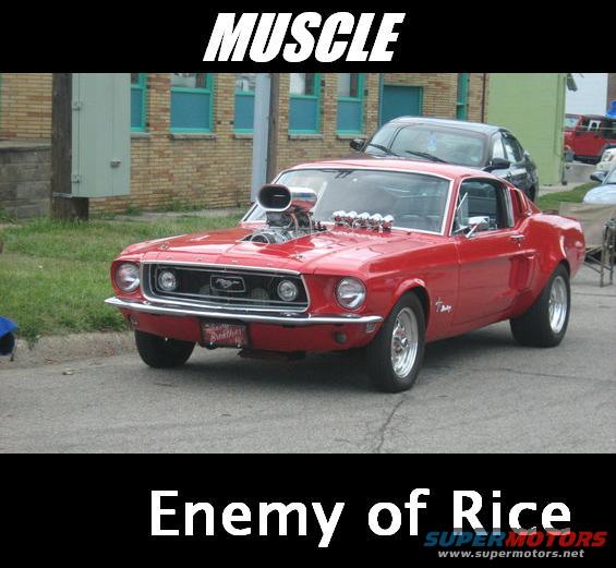 Red 1967 Ford Mustang with supercharger and custom exhaust pipes