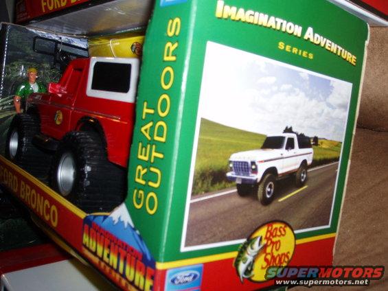 red toy Ford Bronco with figure inside, in box with 'Great Outdoors' and 'Imagination Adventure' branding
