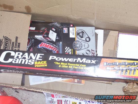 Box of Crane Cams PowerMax cam and lifter kit, plus other engine parts