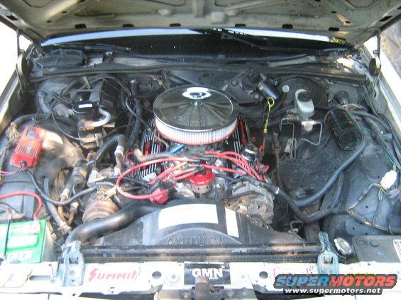 1988 Mercury Grand Marquis engine bay with a V8 engine, chrome air cleaner, red spark plug wires, and Summit branding on the radiator support