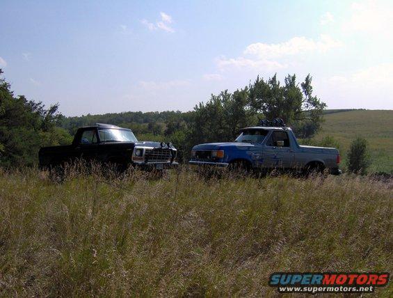 black pickup truck and blue pickup truck parked in grassy field