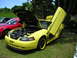 2009 Ford Mustang - Yellow Ford Mustang with custom lambo doors and hood open, parked on grass.