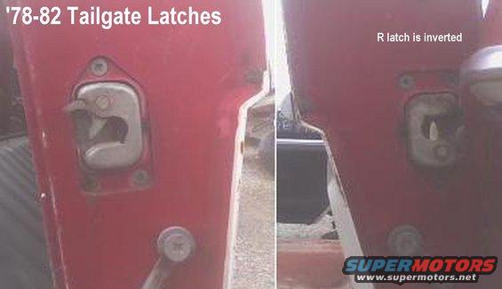 tglatch7882.jpg '78-82 tailgate latches are significantly different from '83-96.  Because they mount differently in the tailgate, neither the latches nor the t/g skins will interchange across those years.  This is the only significant difference on '78-96 Bronco tailgates.

[url=http://www.supermotors.net/registry/media/160923][img]http://www.supermotors.net/getfile/160923/thumbnail/strikebolt-78bronco.jpg[/img][/url]

Their strikes that mount to the body can be interchanged with some effort.

[url=http://www.supermotors.net/registry/media/737405][img]http://www.supermotors.net/getfile/737405/thumbnail/strikebolt832.jpg[/img][/url]
