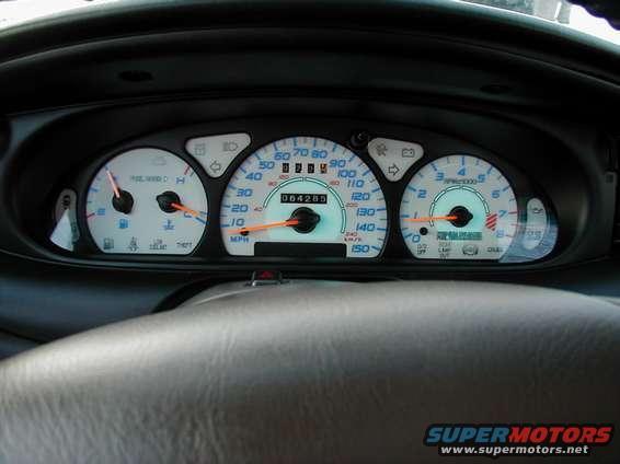 The reverse indiglo white face guages have two different color settings. Blue is shown here