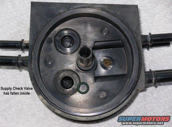 d11check.jpg Dual Function Reservoir Check Valve 

The check valves are glued into the reservoir body and should not be removed.  If the supply check valve O-ring slips off, the valve's spring will pull it into the reservoir body.

To permanently eliminate the reservoir, use [url=https://www.amazon.com/dp/B0033YHPHG]these Dorman fuel tubes[/url].

A reservoir marked &quot;DO NOT REMOVE CUP&quot; does not contain a filter.  For a replacement O-ring for the cup, buy a NAPA 3268, Fram CG3862, or equivalent filter.