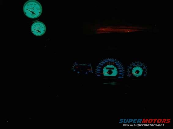 Here is the A-Pillar and Reverse Indiglo at night. The picture doesn't do justice for the looks as the camera had an extremely tough time. Both the A-pillar and gauges are the same color green even though the camera may have mis-represented it. 