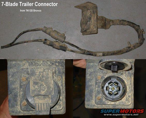 trailerconn96.jpg SOLD Factory 7-blade trailer connector
3 wires in the gray connector; 4 in the black.

Its tag is missing, but the PN for the harness is:
F6TB-13A576-BA
P260H

See also:
[url=http://www.supermotors.net/registry/media/822003][img]http://www.supermotors.net/getfile/822003/thumbnail/trailerconnectors.jpg[/img][/url]