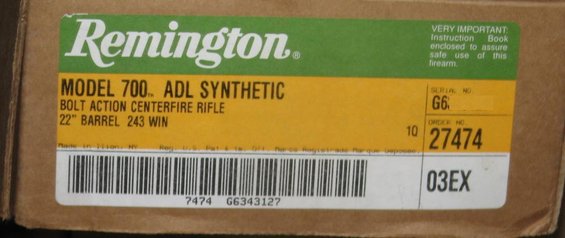 Box for Remington Model 700 ADL Synthetic bolt action centerfire rifle with 22" barrel 243 WIN