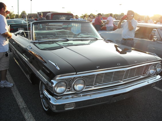 1963 Ford Galaxie convertible, front view. Chrome grille and dual headlights