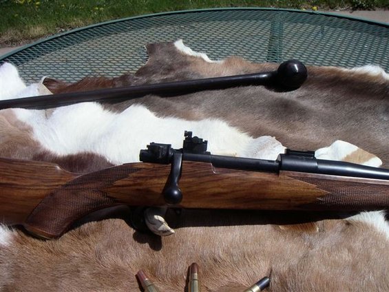 Bolt-action rifle with wood stock and bolt handle visible