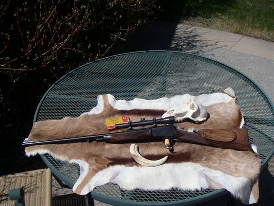 Rifle with scope, box of ammo, animal skull, and tusk on a fur pelt on a table