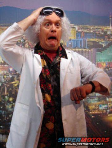 Man in white lab coat and wild white hair, wearing sunglasses on head, looking shocked at his watch. City skyline background