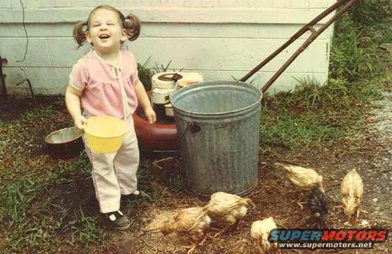 Child with chickens and a lawnmower