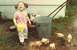 1994 Ford Taurus - A young child stands with chickens near a lawnmower and trash can.