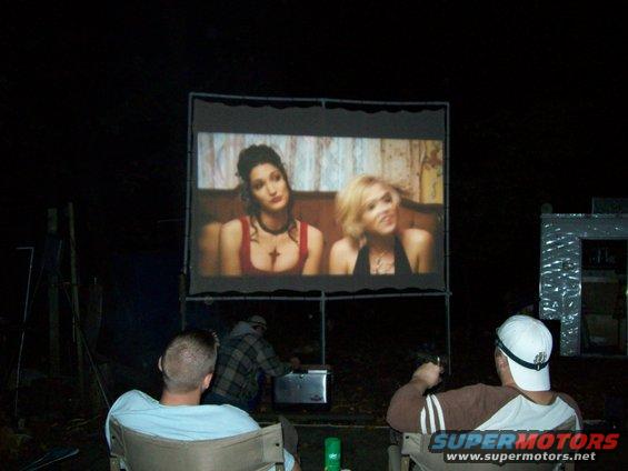 Outdoor movie screen with two women, people watching, dark night scene